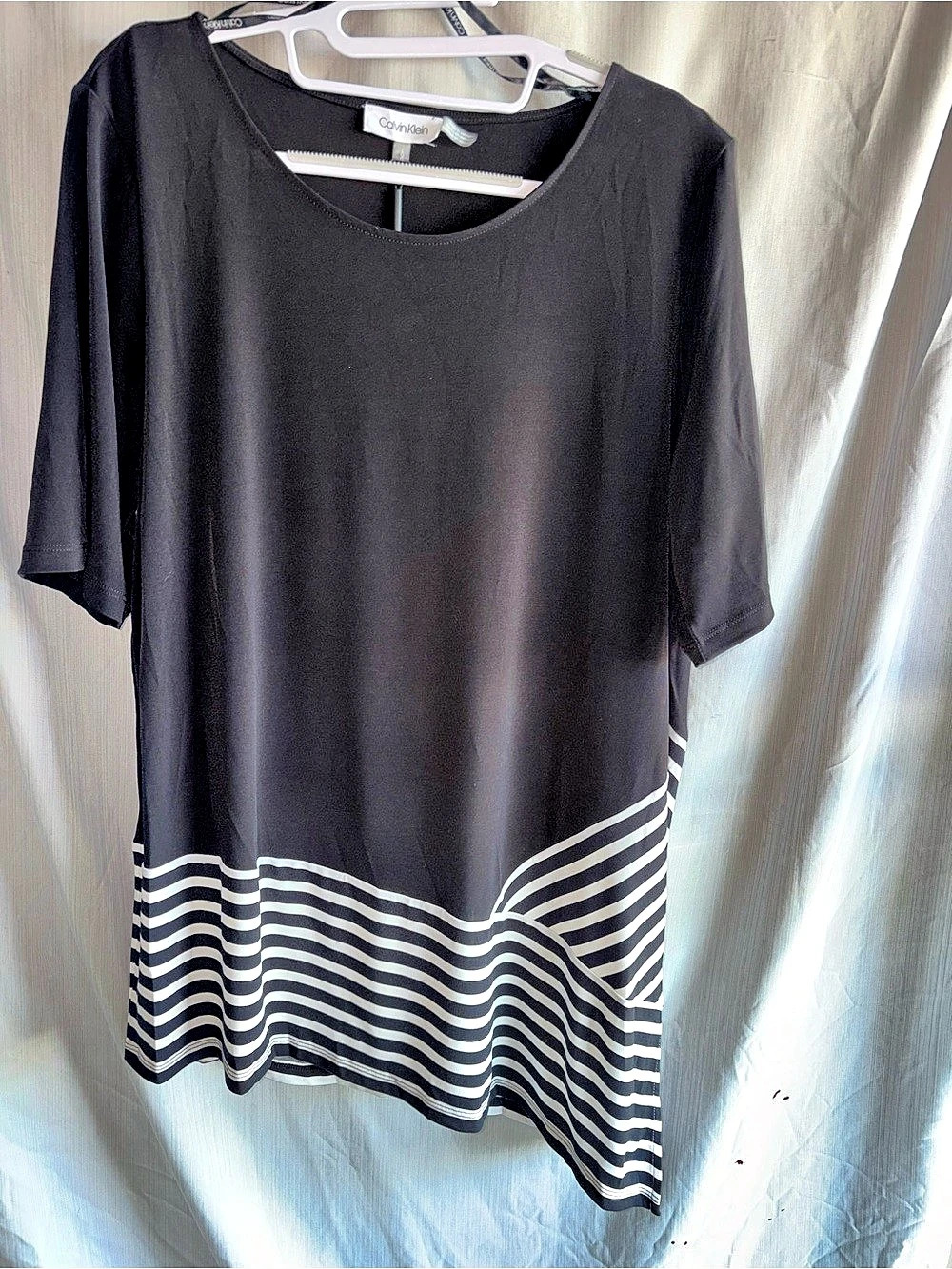 NWT Calvin Klein Striped Tunic Top Black White Asymmetrical Hem